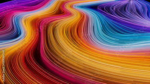 Abstract Neon Lights Background with Orange, Pink and Turquoise Swirls. 3D Render.