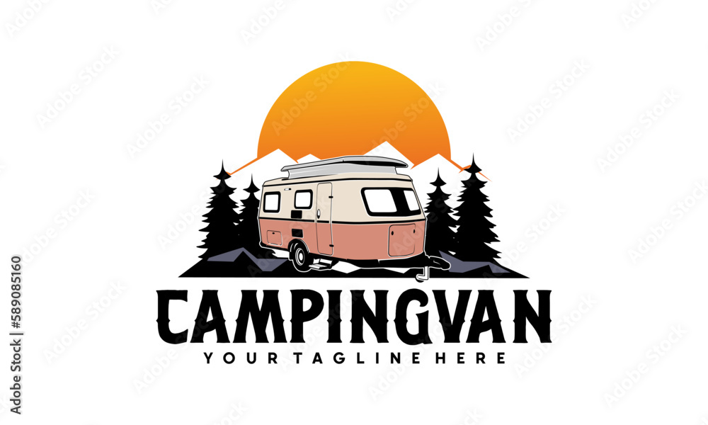 RV camper van classic style logo vector illustration, Perfect for RV with Sun and pine forest