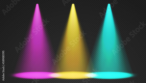 Stage limelight. Yellow, pink, blue cone lights from top with darkened edges. Volumetric spotlight effect on dark background. Empty studio or concert scene. 3d rendering.