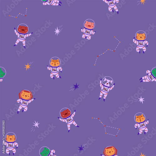 Cosmic seamless pattern with cute animals astronauts and stars. Wild animals in outer space. Vector illustration in a flat style. International Day of Human Space Flight and Cosmonautics Day. Pattern