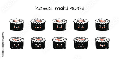 Set of kawaii maki sushi mascots in cartoon style