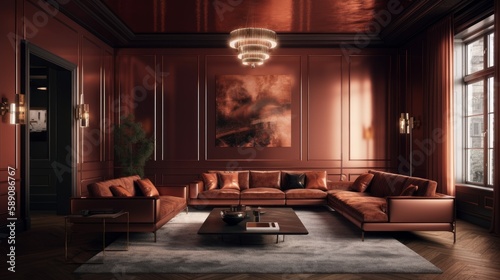 Indulge in Luxury with Award-Winning Burnished Copper and Deep Burgundy Interior Design featuring Shiny Walls and Bionic Furniture in 8K HD  Generative AI