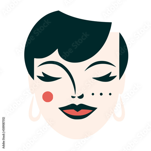 Simplistic icon of a person with short cropped hair, some unique makeup and eyes closed with hoop earrings