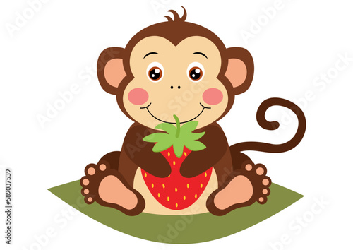 Cute monkey holding a red strawberry