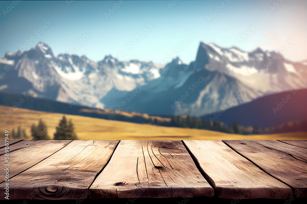 Empty wooden table and blurred landscape of mountains for product placement. Generative ai.