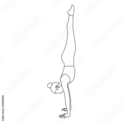 Line art of woman doing Yoga in handstand pose vector.