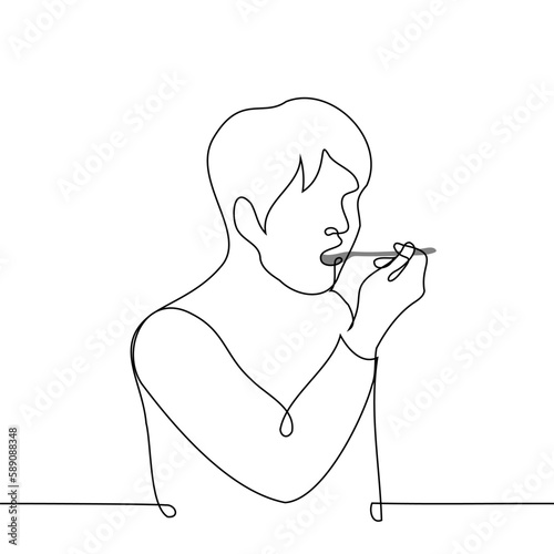 man with a spoon in his mouth - one line drawing vector. the concept of eating or taking medicine