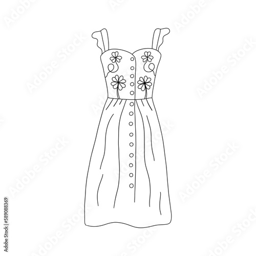 Light summer elegant dress with clover print with buttons. Womens clothing, elongated sundress with valances. Black and white vector isolated illustration hand drawn