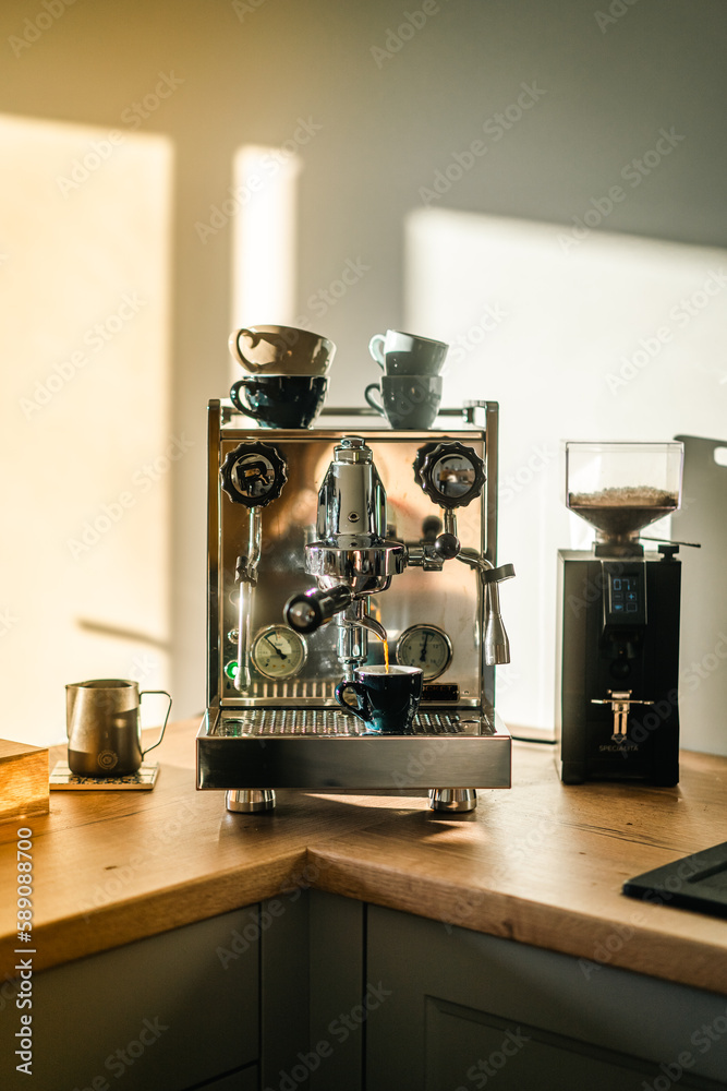 Perfect Espresso Shot from Home Portafilter Machine in Morning Light