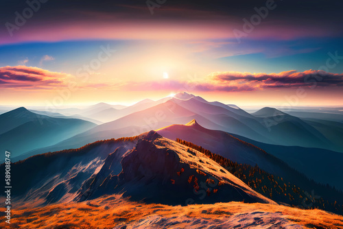 Mountain landscape sunset background. Generative ai.