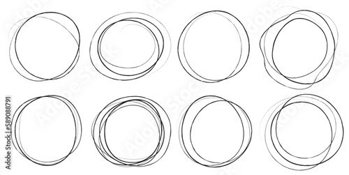 Set of hand drawn circle frames. Round shape borders. Doodle circular logo design elements for message note mark. Vector illustration