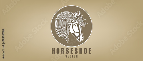 Vector logo is a simple graphic stencil of a horse head with a large mane in a circle. Inscription, horseshoe. Icon, emblem or sticker.