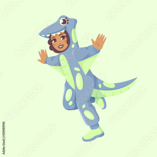 Black girl in cute dinosaur pterodactyl costume.