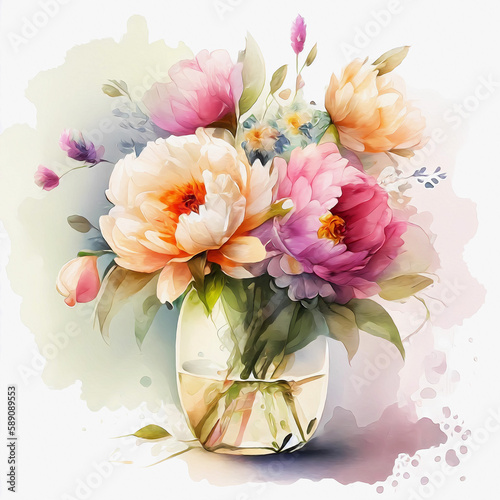 Watercolor bouquet of flowers in glass. Generative ai.