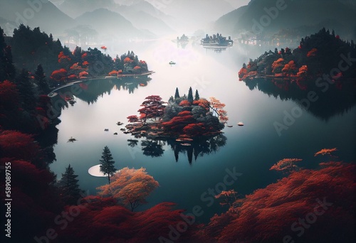 Fotografia Scenery of a foggy lake in the Chinese city of Shangri-La during the fall Genera