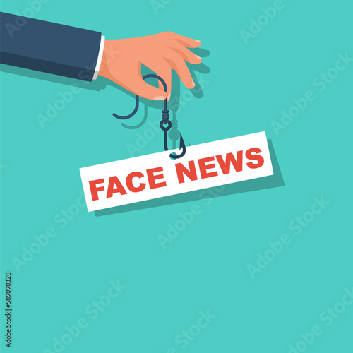 Fake news on the hook. Phishing concept. Hook as a symbol fake propaganda. Vector illustration flat design. Isolated on white background.