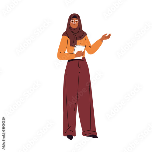 Happy businesswoman in hijab. Arab Muslim business woman standing, gesturing with hand, speaking. Modern Arabian lady entrepreneur. Flat graphic vector illustration isolated on white background