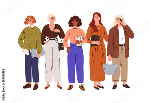 Business women, diverse female entrepreneurs. Businesswomen group standing in row. Stylish office workers, employees, corporate portrait. Flat graphic vector illustration isolated on white background