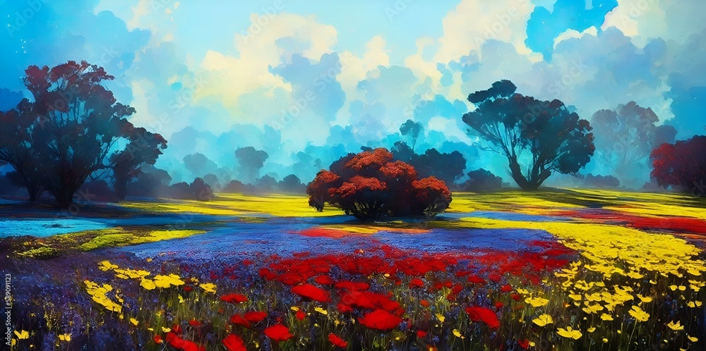 Beautiful meadow landscape with abstract cornflower field and poppies, art oil painting field, the view from the window that everyone would like to have, generative ai