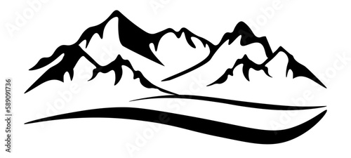Black silhouette of mountains peak, camping adventure outdoor landscape panorama illustration icon vector for logo, isolated on white background.