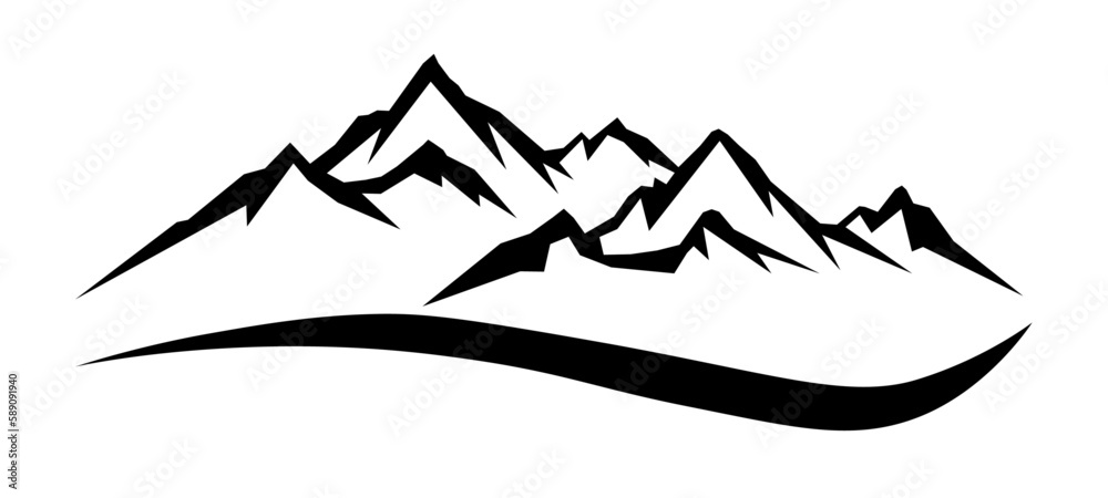 Black silhouette of mountains peak, camping adventure outdoor landscape panorama illustration icon vector for logo, isolated on white background.