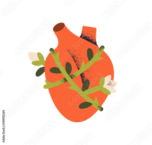 Heart with plant branch, blossomed flowers, leaves around. Kindness, tenderness, love, generosity, charity, goodness, organ donation concept. Flat vector illustration isolated on white background
