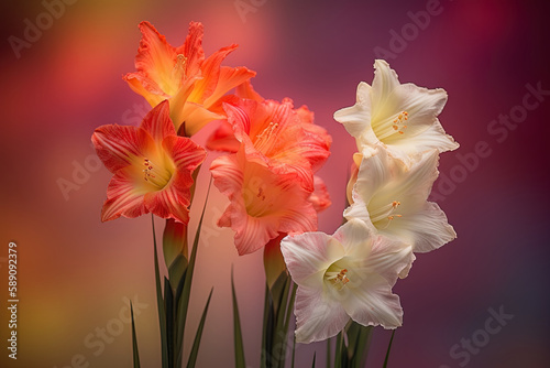 Creative floral composition. Close up gladiolus on blurred background