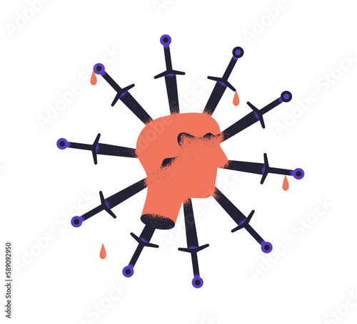 Victim with painful wounds. Psychology problem, mental trauma, distress, anxiety concept. Head aching, pierced with sword. Death metaphor. Flat graphic vector illustration isolated on white background