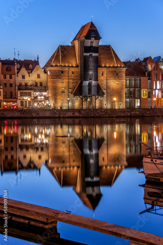 The view at the medieval port crane, called Zuraw, over the river Motlawa. Gdansk, Pomeranian Voivodeship, Poland. photo