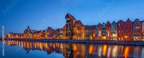The view at the medieval port crane, called Zuraw, over the river Motlawa. Gdansk, Pomeranian Voivodeship, Poland.