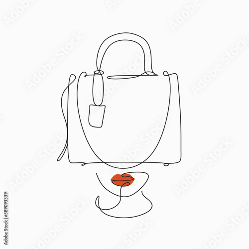 Minimalist Hand-drawn women's bags. Elegant women's bag with flap top and handle.One-line vector illustration of a woman's bag.  Leather bag female collection. Fashion store logo