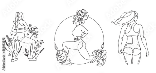 Girl athlete shakes her butt and hips. Floral woman doing sports. A minimalistic logo for a fitness gym