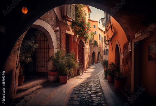 A picturesque street through the old town center of Antibes, France, in the Cote d'Azur, French Riviera region along the Mediterranean Sea. Generative AI