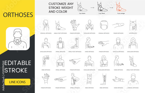 Orthoses line icon set in vector, illustration of cervical and ankle foot orthoses, shoulder and finger orthosis, spinal and hand, knee. Editable stroke.