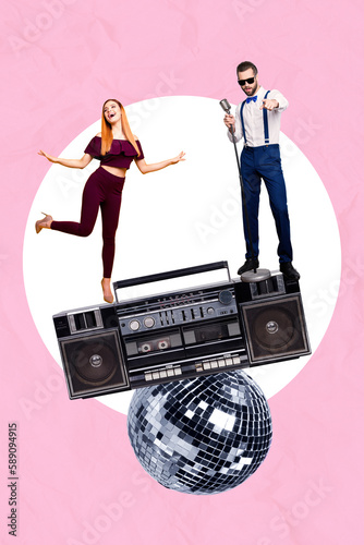 Vertical photo collage of young woman dancing listen song singer performer guy wear suspenders cassette player disco ball isolated on pink background photo