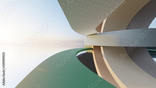 Abstract architecture background curved buildings alown road 3d render