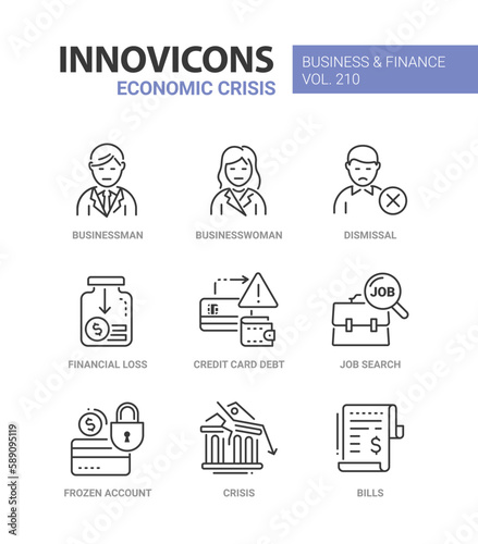 Financial losses in business - line design style icons set