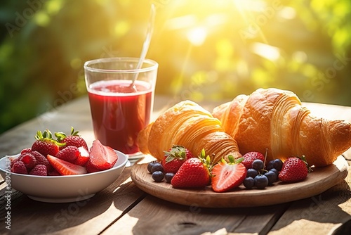 breakfast with fruit on the wooden table