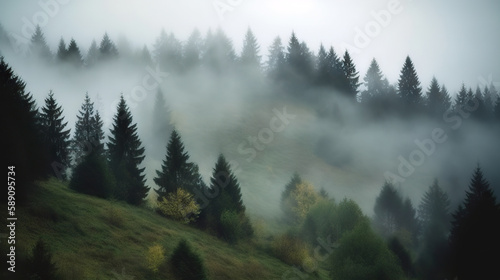 Foggy landscape with spruce forest. Based on Generative AI