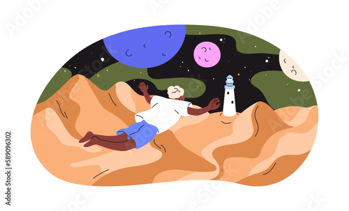 Fantasy dream, imagination concept. Dreamer flying, exploring imaginative world, dreamscape. Person travel in fantastic fairytale space. Flat graphic vector illustration isolated on white background