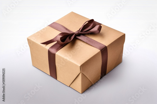 A brown gift box with a brown ribbon tied around it