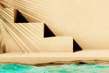 Tropical summer background with concrete wall, pool water and palm leaf shadow. Luxury hotel resort exterior for product placement. Outdoor vacation holiday house scene, neutral architecture aesthetic