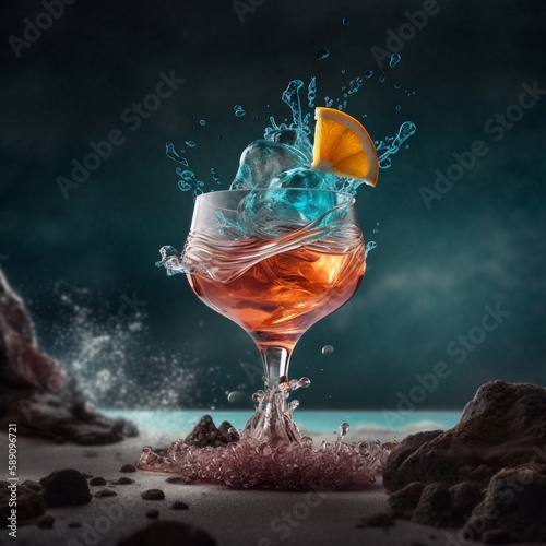 a glass of cocktail with ice on the beach