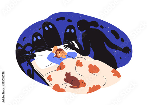 Nightmare, bad night horror dream concept. Scary monsters, creepy shadows around afraid frightened anxious woman in fear, sleeping in bed. Flat vector illustration isolated on white background