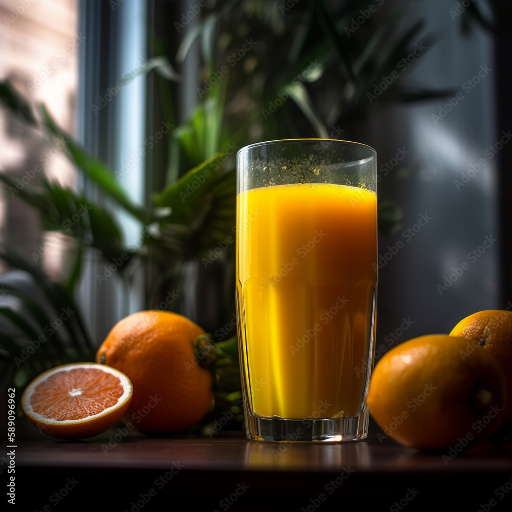 Fototapeta premium fresh orange juice with orange on table
