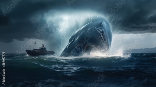 Stormy Seas: Tim Walker's Sony A9 Captures Massive Sea Monster and Whale in Dangerous Encounter Amid Lightning and Dark Blue Waves, Generative AI