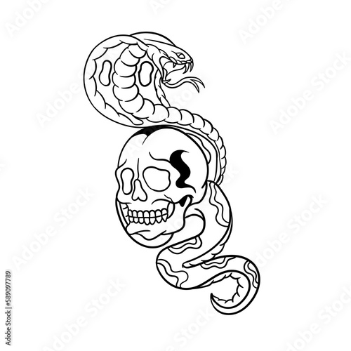 Hand drawn illustration of king cobra traditional art outline