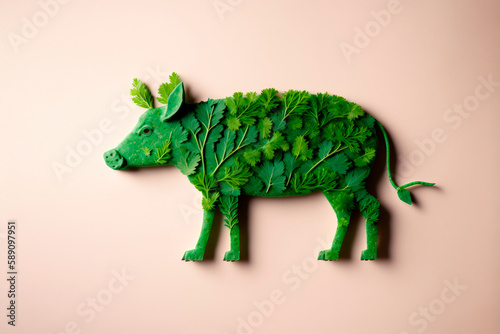 Generative AI illustration of pig made of greenery and herbs placed on pink background no meat and healthy food concept