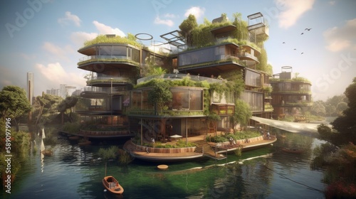 Discover the Future of Sustainable Living  A Floating Eco-Village in Asia s Lakes and Rivers with Homes Featuring Vertical Gardens and Flying Vehicles  Generative AI