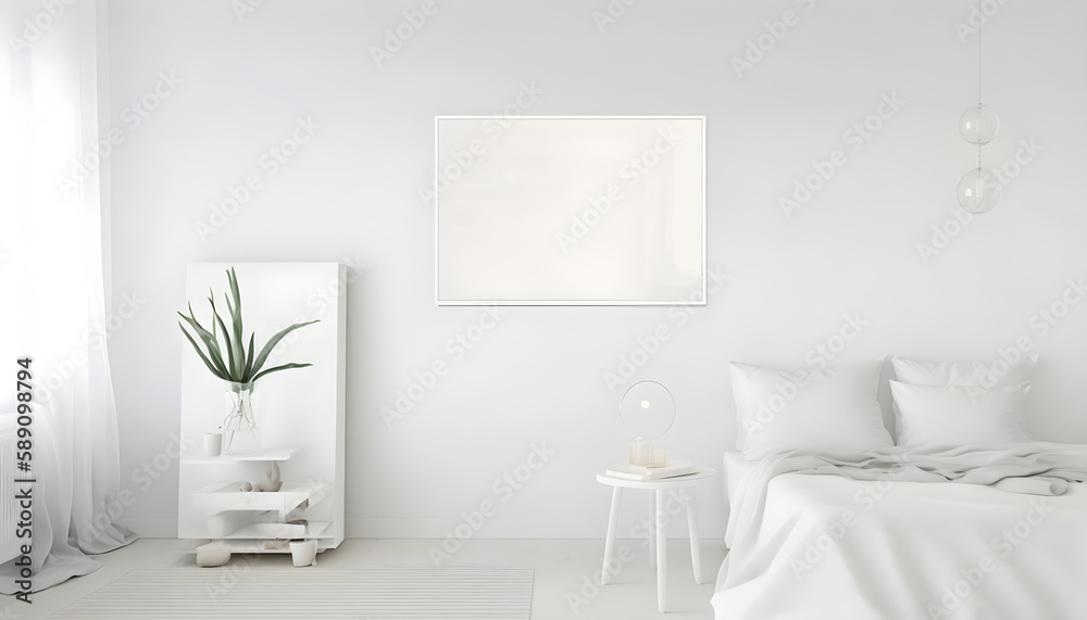 Creative mockup concept. Empty clear wall with photo frame on white wall and bed. bedroom. Mock up frame for display or montage of product or design. copy space, Generative AI Creative mockup concept. Empty clear wall with photo frame on white wall and bed. bedroom. Mock up frame for display or montage of product or design. copy space, Generative AI